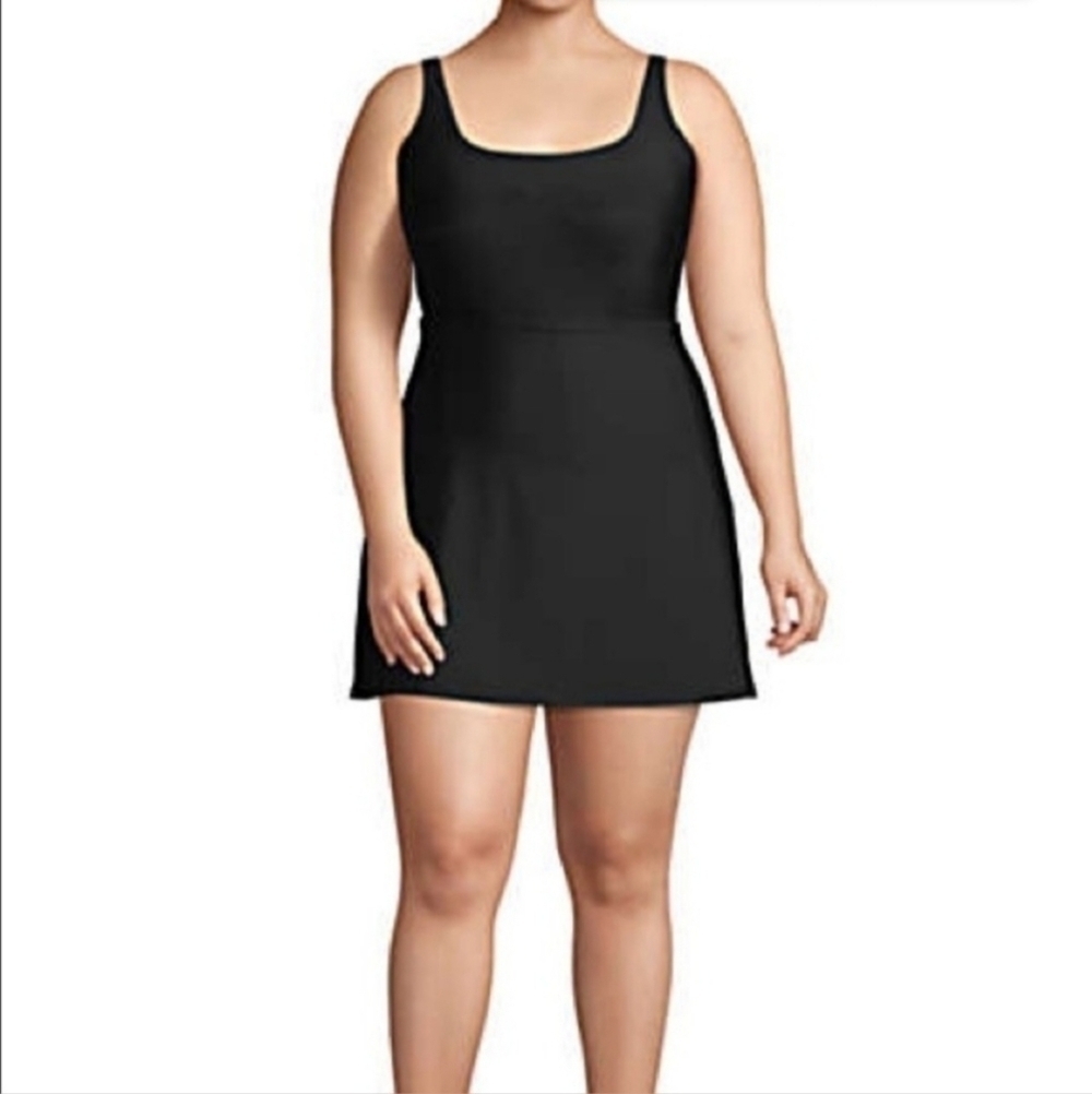 Land’s End Black Swimsuit Dress w/ Shorts Plus Size 24W Adjustable Straps EUC